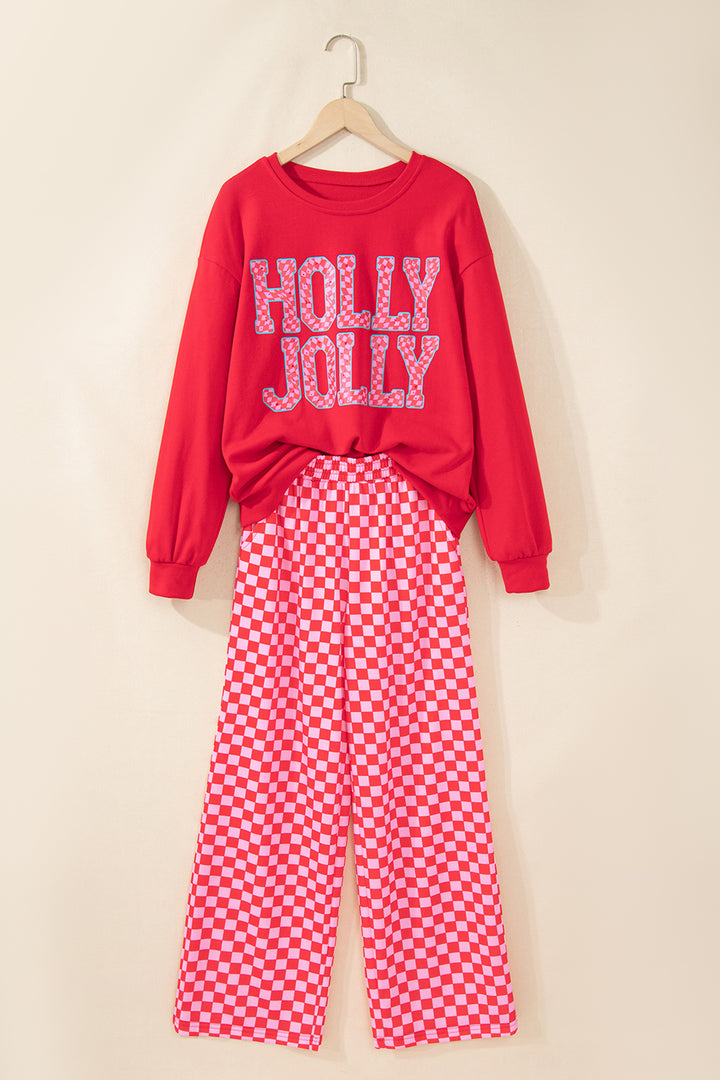 Red Christmas Slogan Graphic Plaid Contrast Two-piece Pant Set