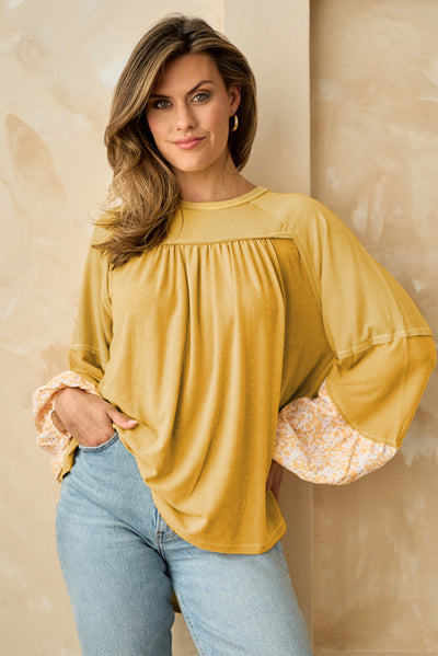 Beige Floral Colorblock Balloon Sleeve Exposed Seam Top