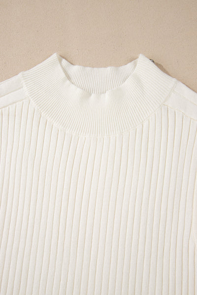 White Ribbed Knit High Neck Sweater Vest