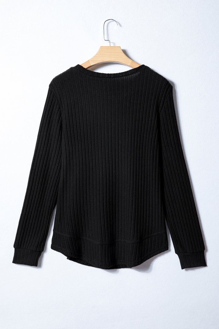 Black Ribbed Texture Round Neck Long Sleeve Rounded Hem Knit Top