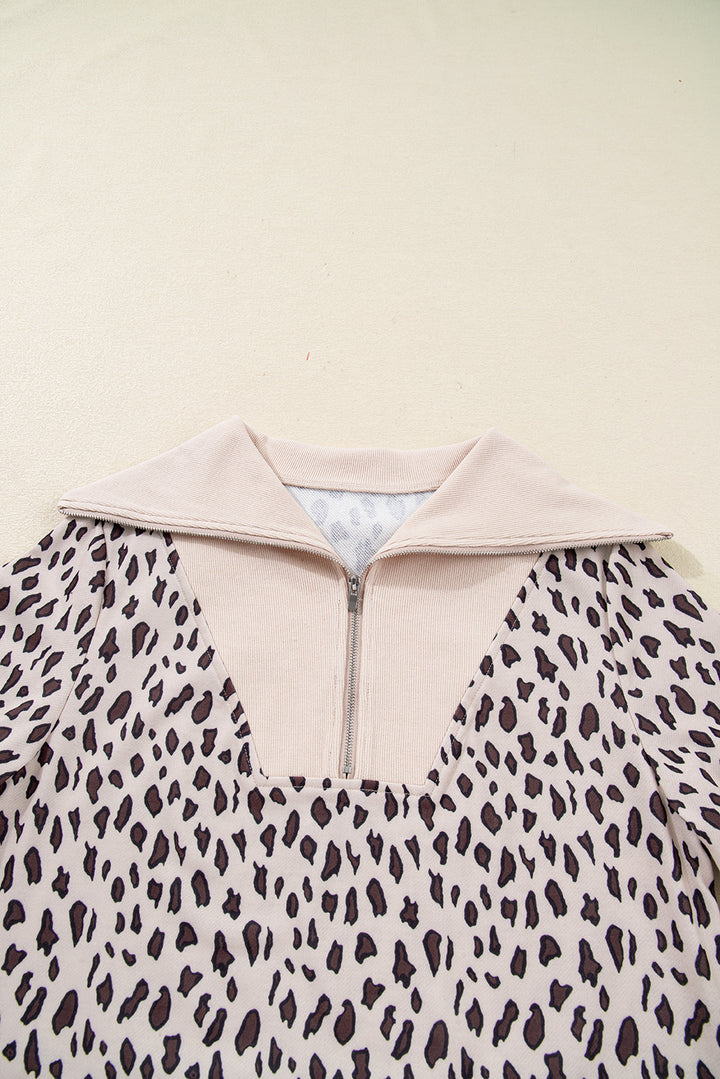 Khaki Leopard Print Zip up Collar Patchwork Shift Mini Dress