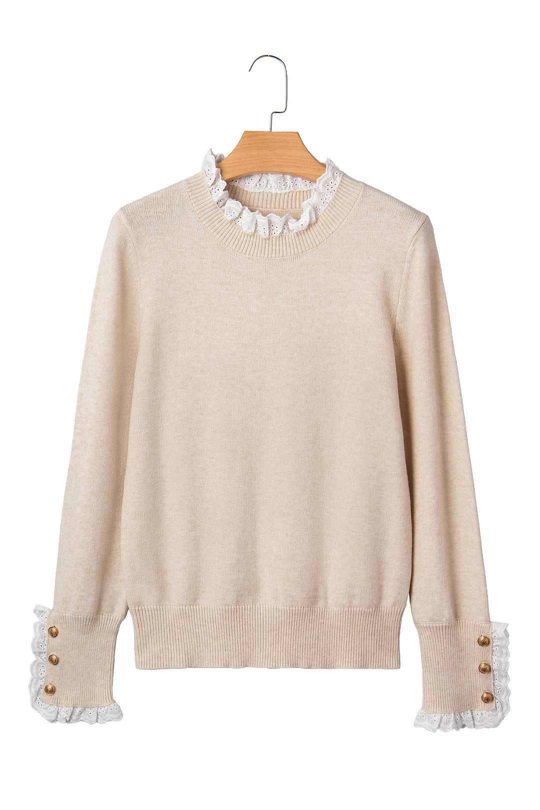 Jet Stream Lace Trim Patchwork Buttoned Cuffs Loose Sweater