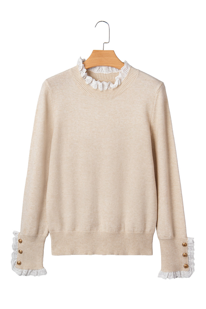 Jet Stream Lace Trim Patchwork Buttoned Cuffs Loose Sweater