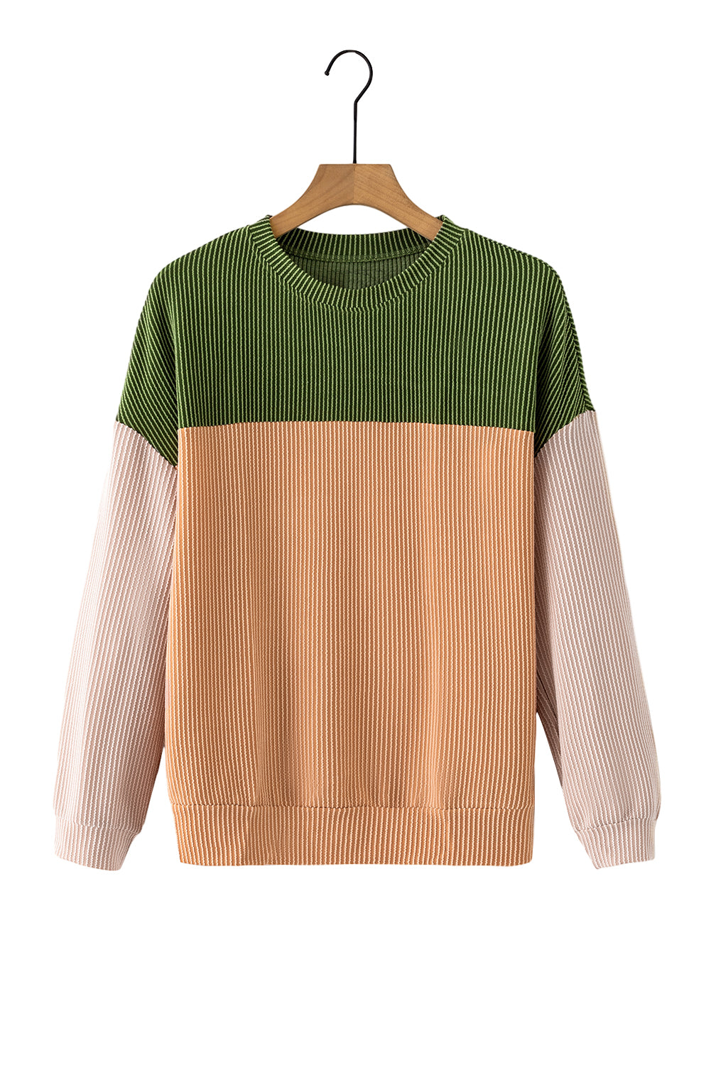 Green Color Block Long Sleeve Ribbed Loose Top