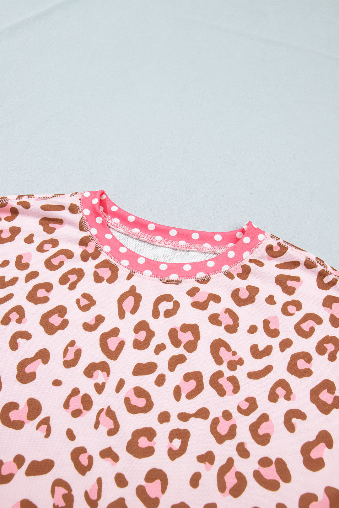 Khaki Leopard Polka Dot Colorblock Trim Long Sleeve Top