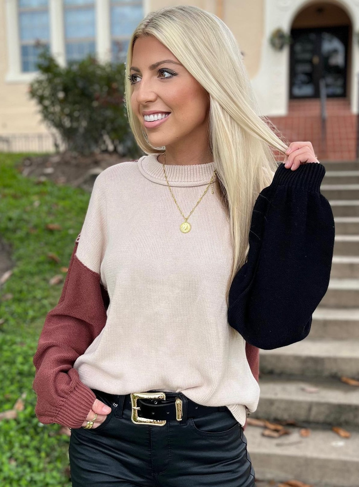 Aspen Bishop Sleeve Ribbed Trim Sweater