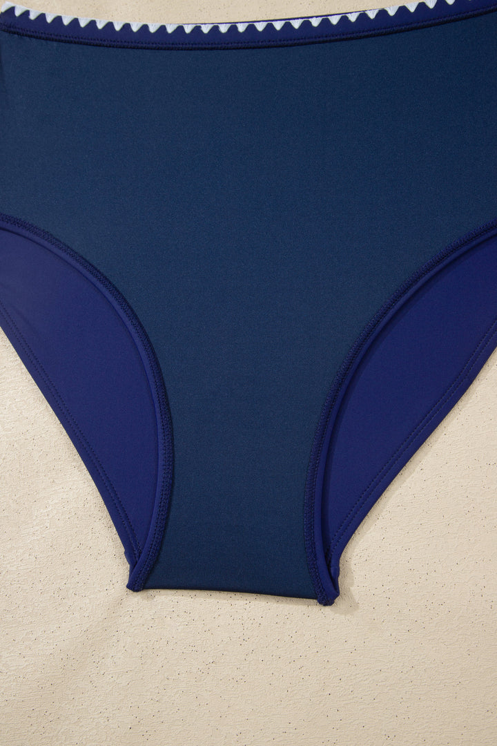 Dark Blue Shell Stitched Trim V Neck Textured Mix and Match High Waist Bikinis
