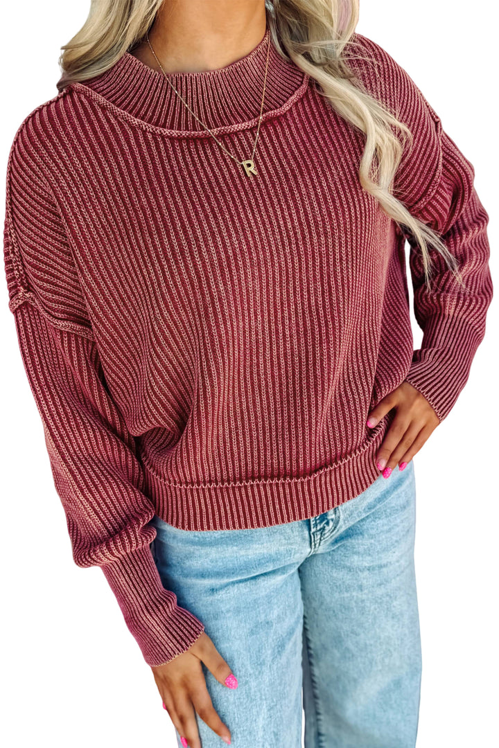 Red Dahlia Drop Shoulder High Neck Ribbed Sweater