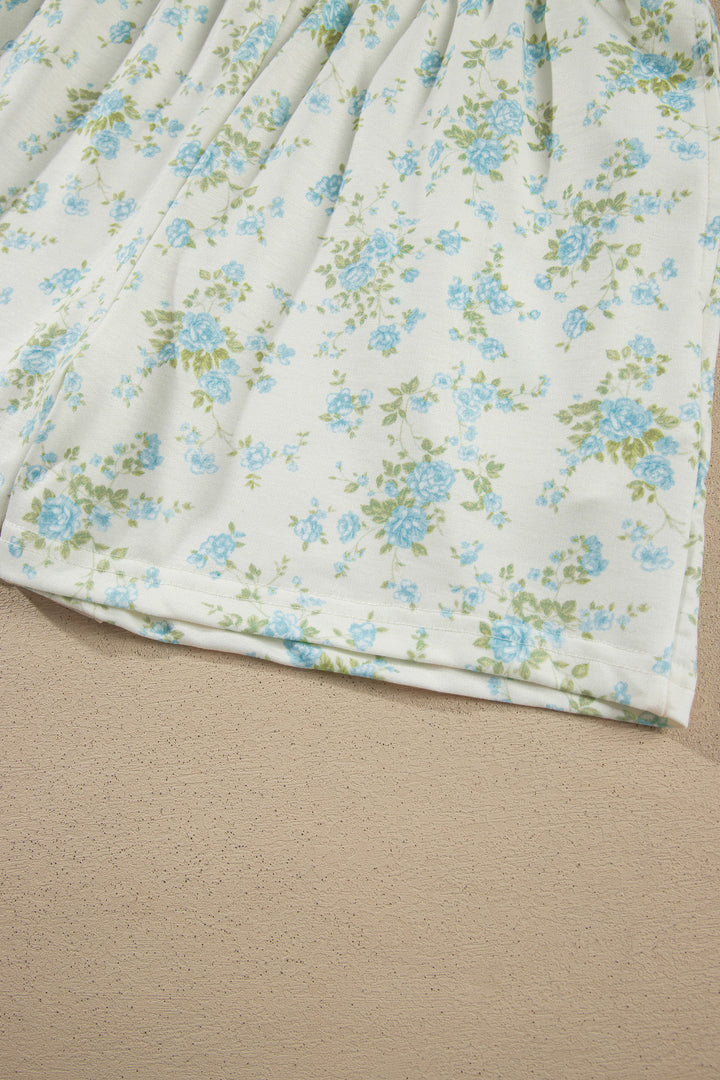 Sky Blue Floral Print Short Sleeve Elastic Waist Pocket Casual Two Piece Short Sets