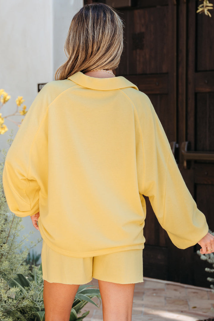 Kylie Button Collar Drop Shoulder Pullover and Shorts 2pcs Outfit