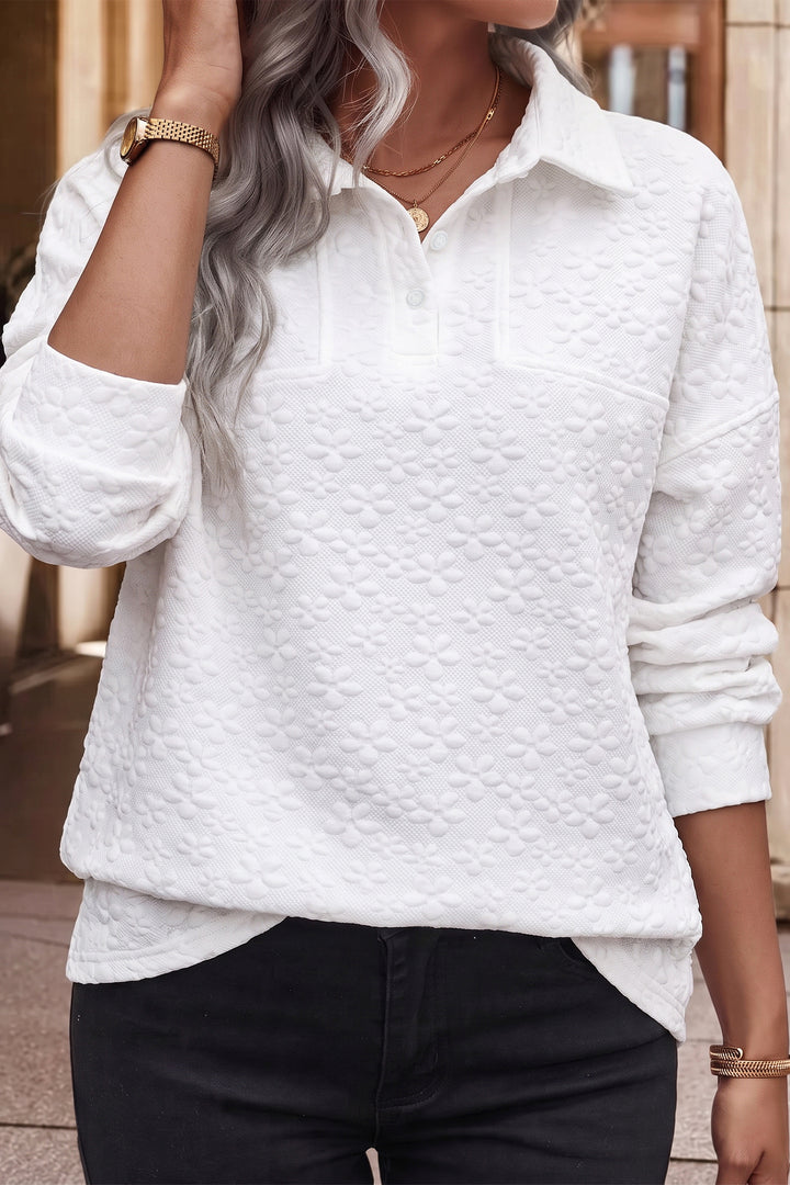 White Solid Color Textured Relaxed Button Collar Pullover Sweatshirt