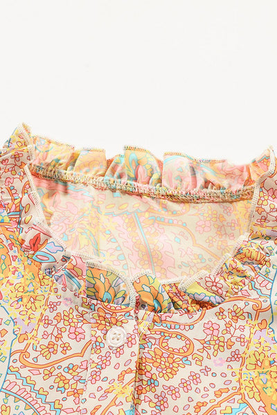 Yellow Paisley Print Ruffled Trim Boho Shirt