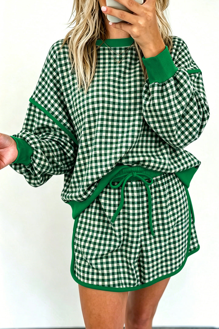 Red Gingham Oversized Ribbed Trim Crew Neck Long Sleeve Top and Skort Set