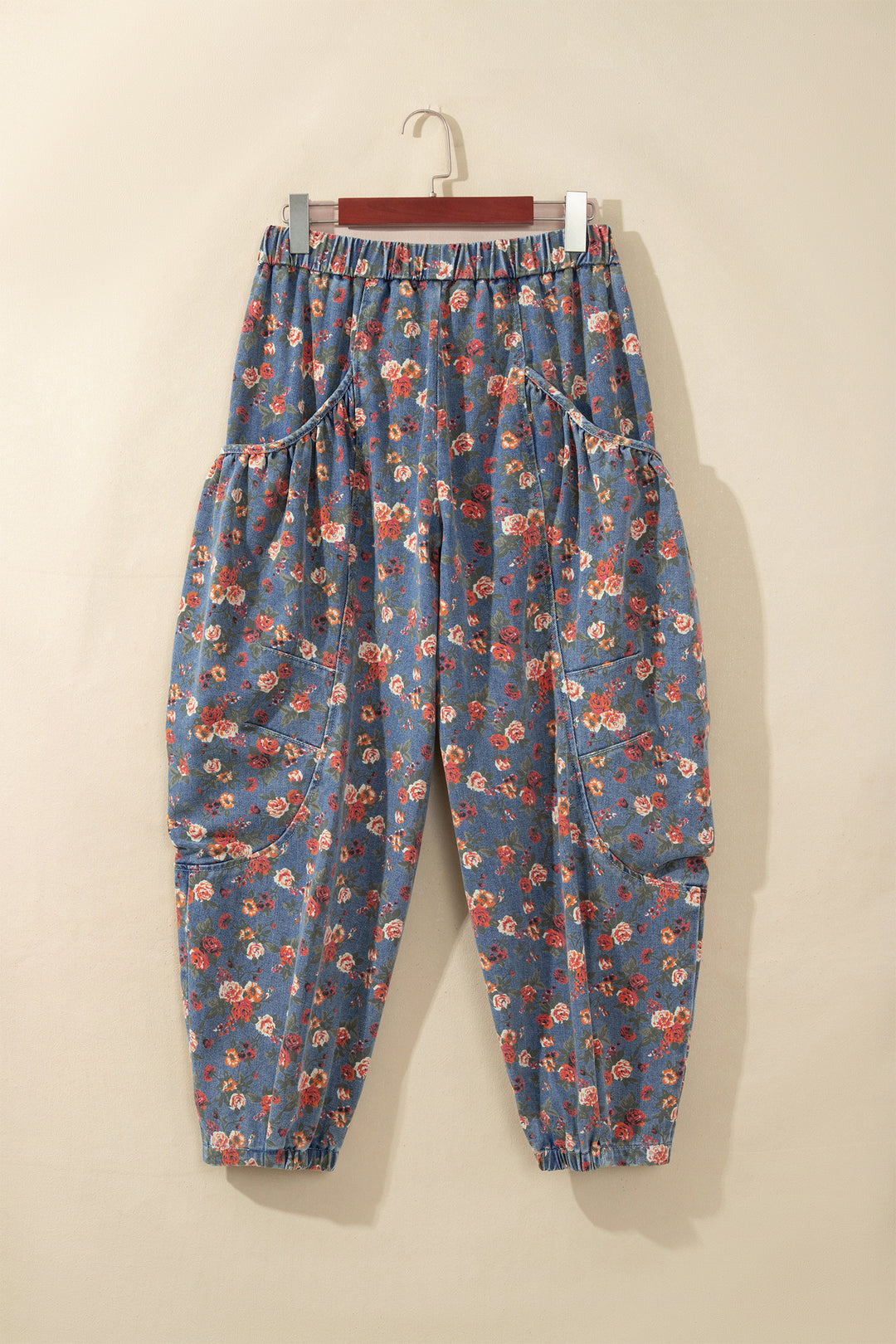 Beau Blue Retro Floral Print Elastic Waist Pocketed Barrel Jeans