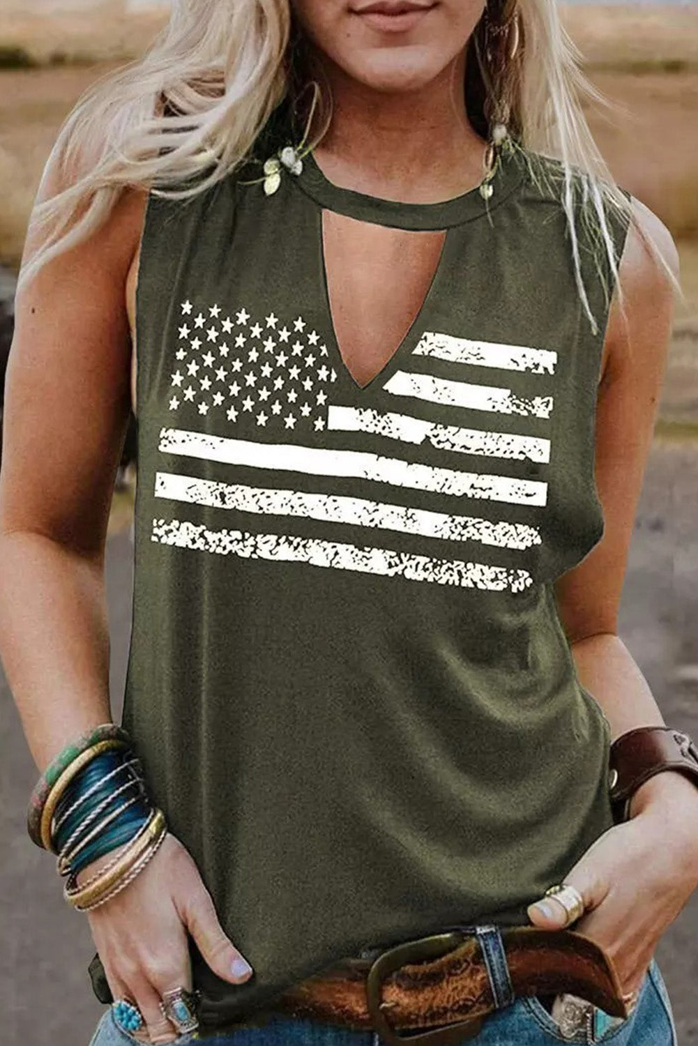 Green Cutout American Flag Print Tank Top