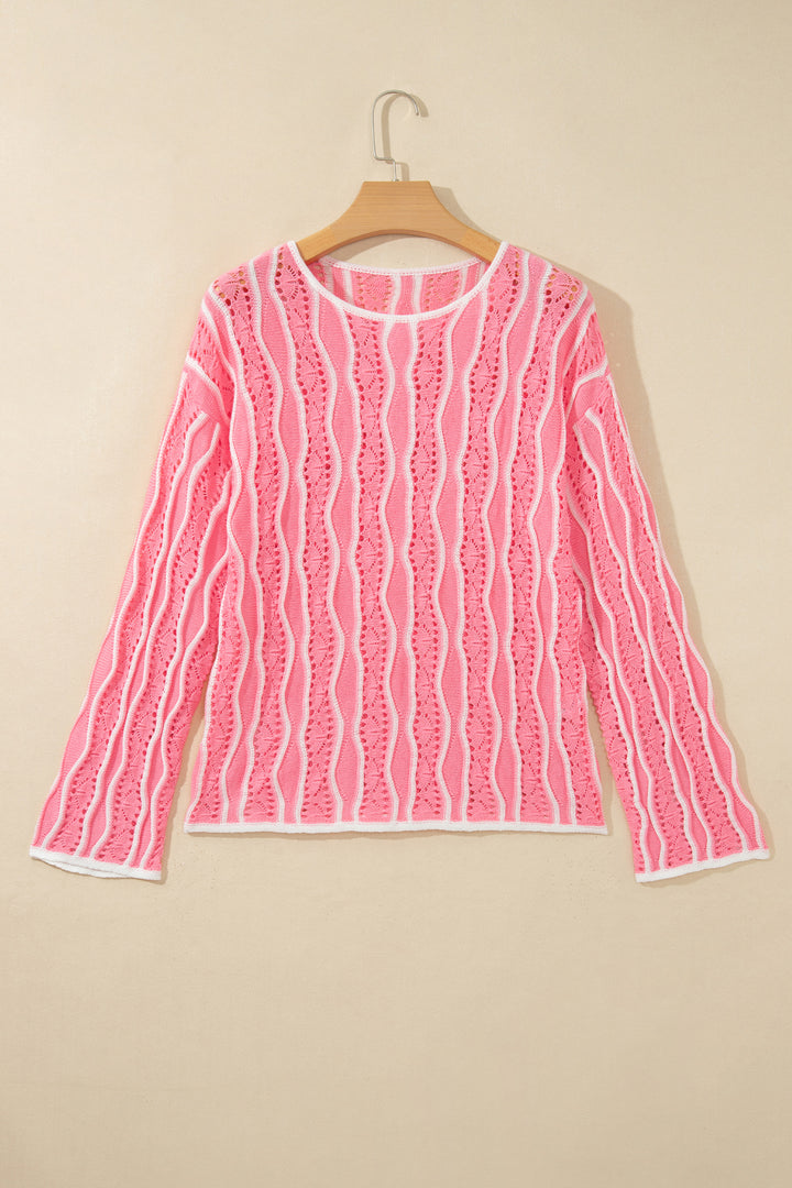Khaki Wavy Detail Hollow Out Knit Long Sleeve Cotton Pullover Sweater