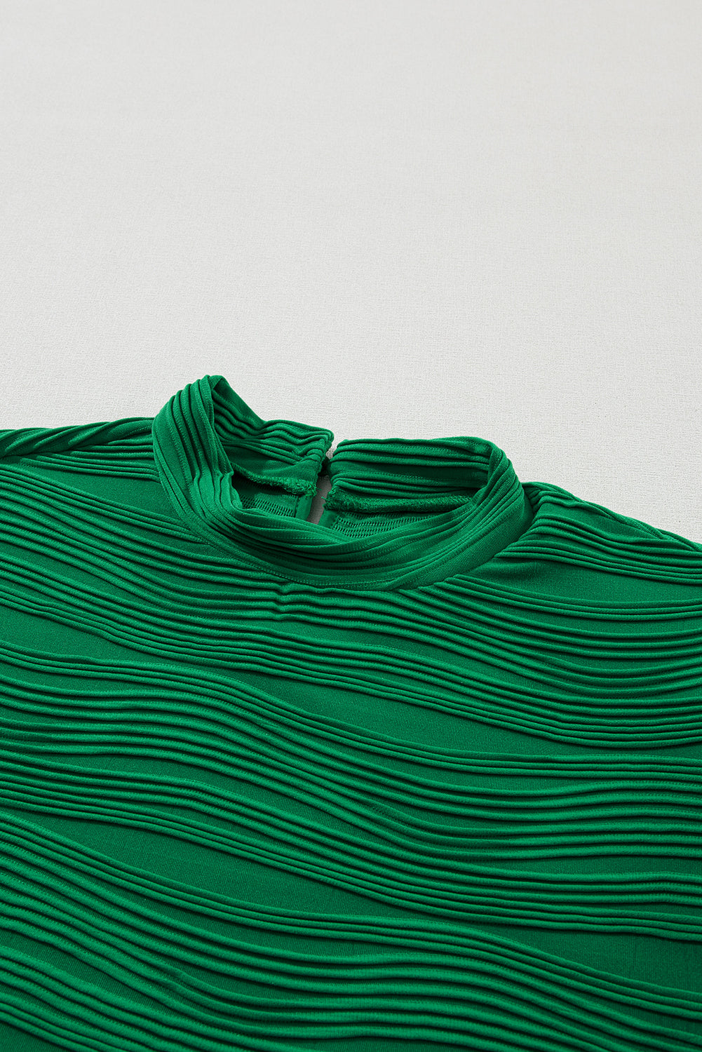 Dark Green Wavy Textured Mock Neck Cap Sleeve Top