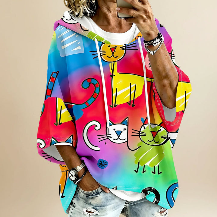 Cartoon Cat Print Hoodie with 3/4 Sleeves &amp; Drawstring