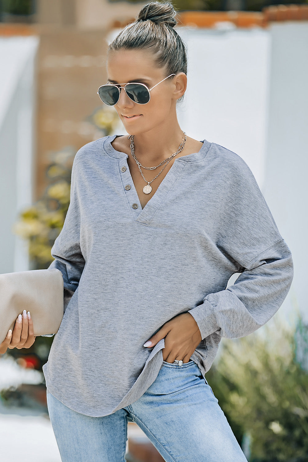 Gray Buttoned V Neck Cotton Loose Fit Top