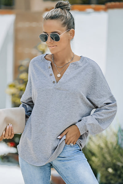 Gray Buttoned V Neck Cotton Loose Fit Top