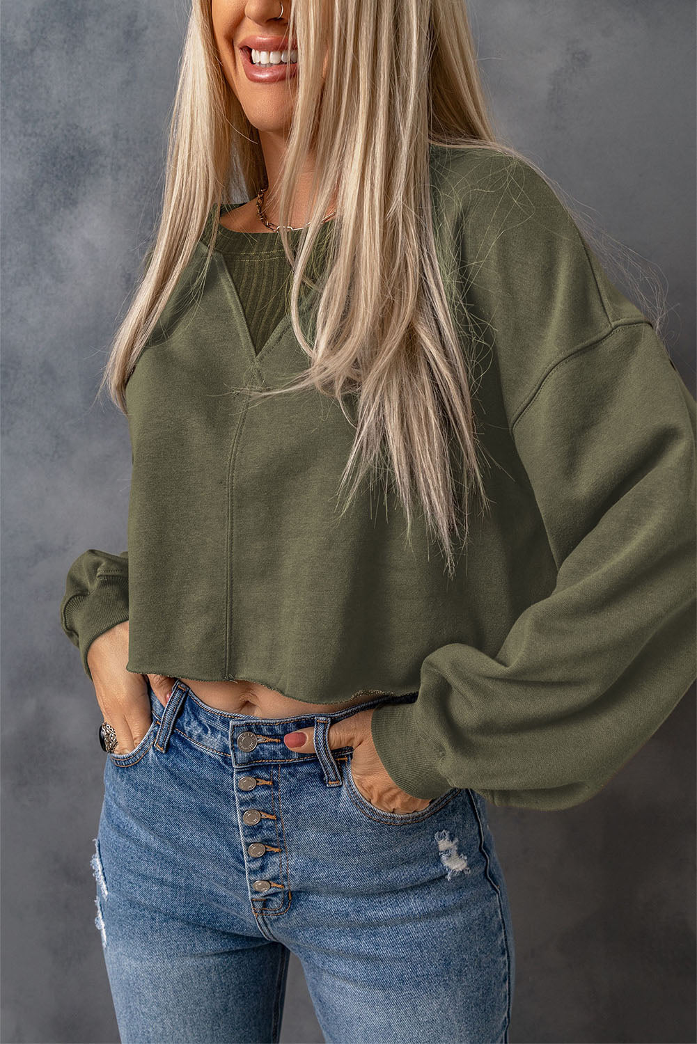 Green Drop Shoulder Cropped Sweatshirt