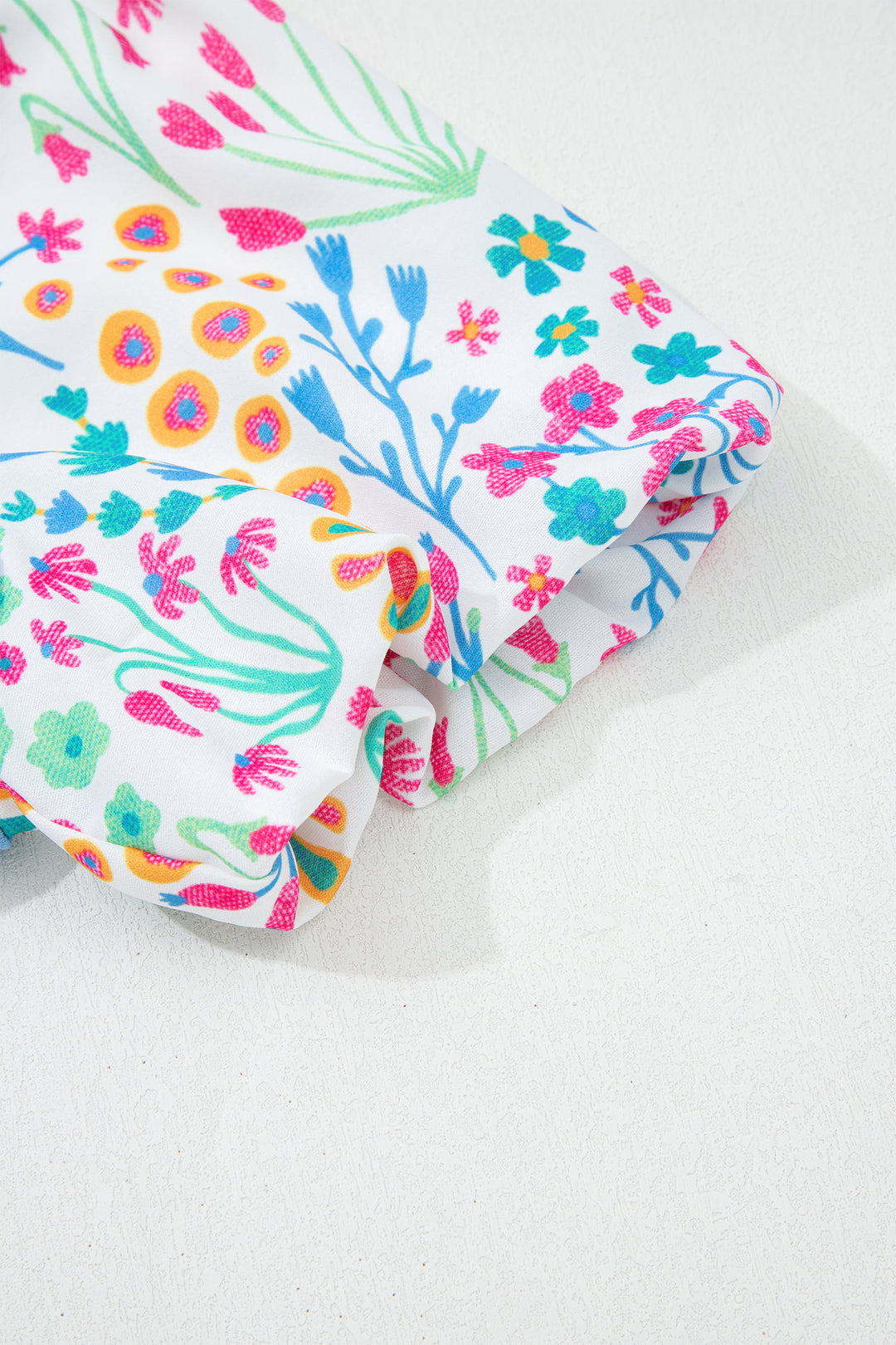 Light Blue Round Neck Textured Contrast Floral Bubble Sleeve Blouse