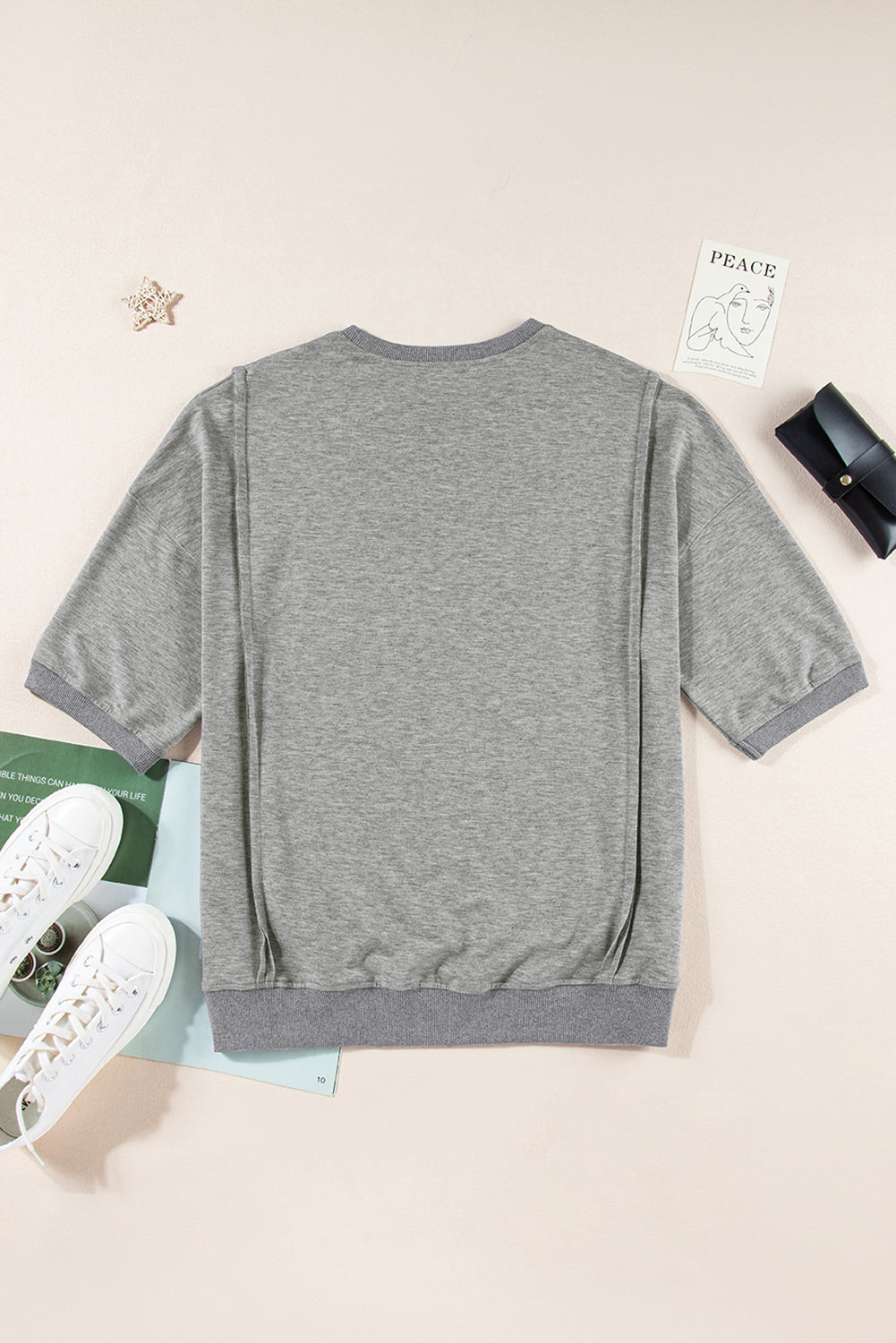 Light Grey Exposed Seam Chest Pocket Split Loose T Shirt