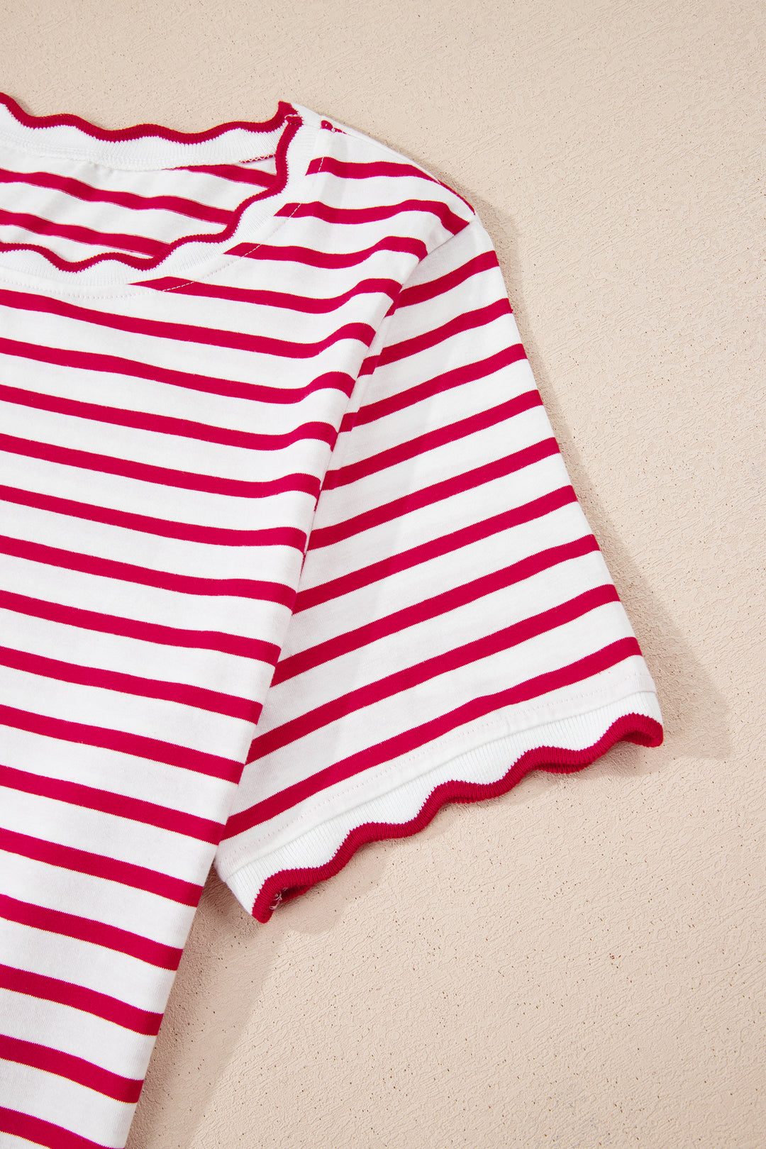Red Stripe Scalloped Trim Round Neck T Shirt