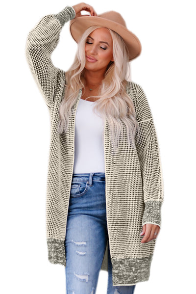 Apricot Plaid Knitted Long Open Front Cardigan