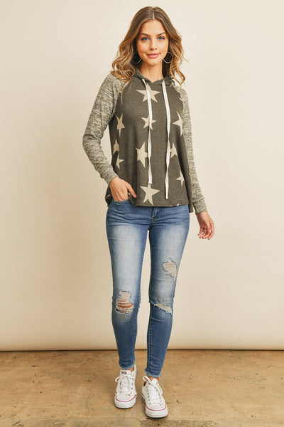 Brushed Hacci Sleeve Rib Detail Star Print Hoodie With Drawstring