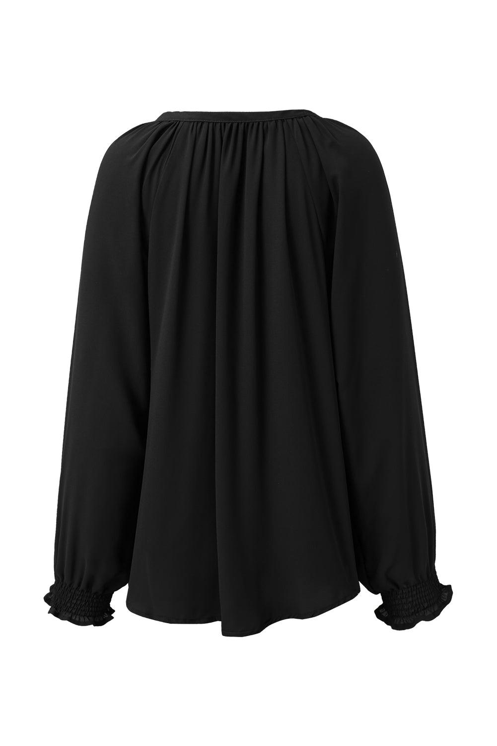 Black Pleated V Neck Puffy Sleeve Blouse