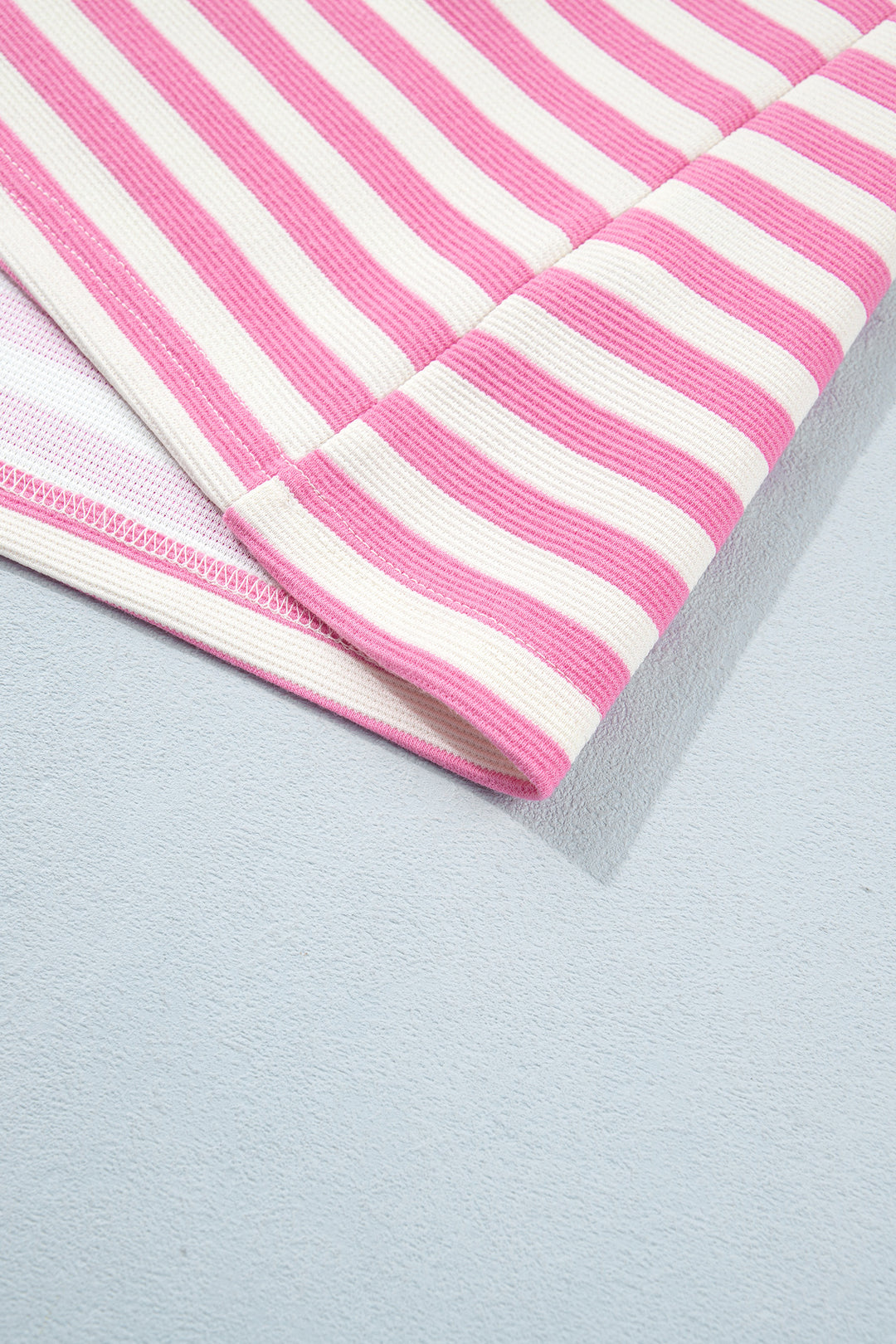 Pink Striped Long Sleeve Crew Neck Drawstring Waist Shorts Set