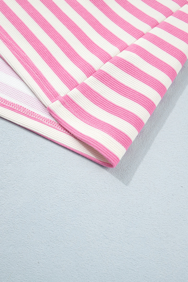 Pink Striped Long Sleeve Crew Neck Drawstring Waist Shorts Set