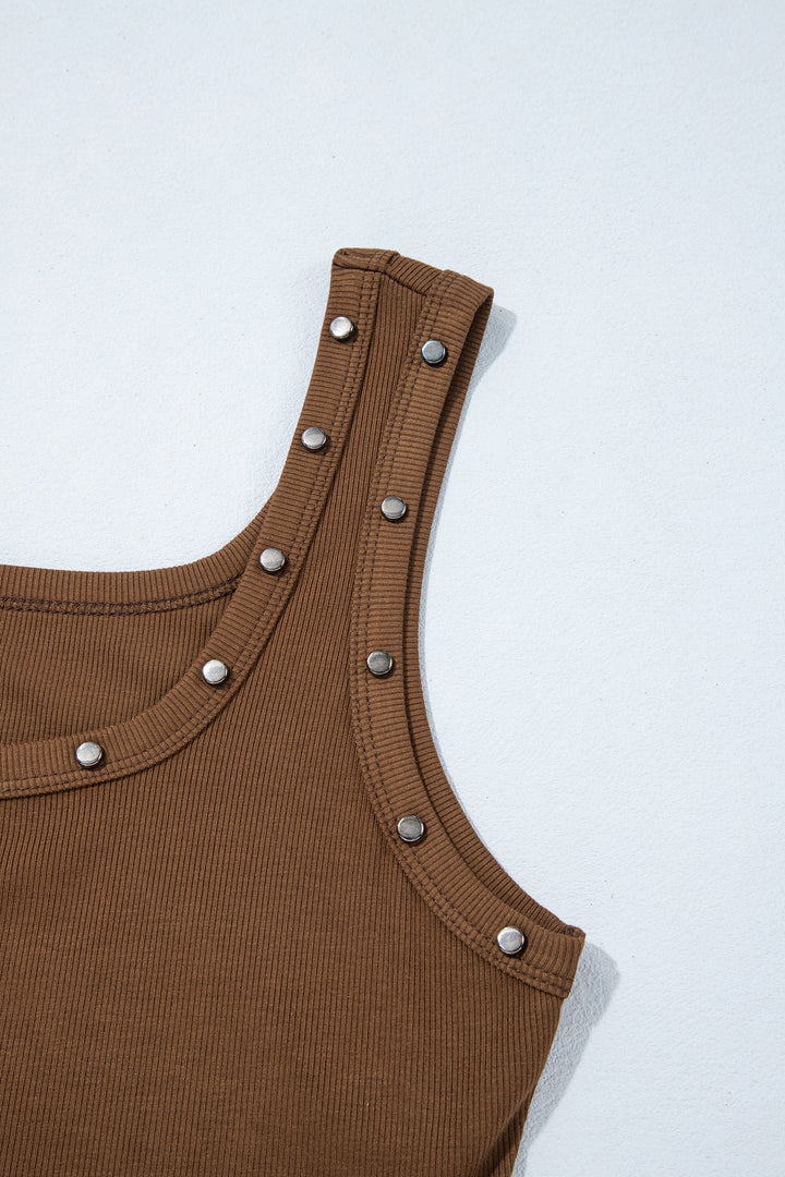 Dark Brown Studded Scoop Neck Ribbed Tank Top