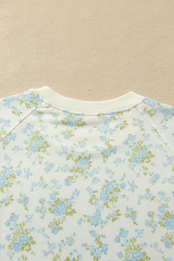 Sky Blue Floral Print Long Sleeve Top Drawstring Wide Leg Pants Set
