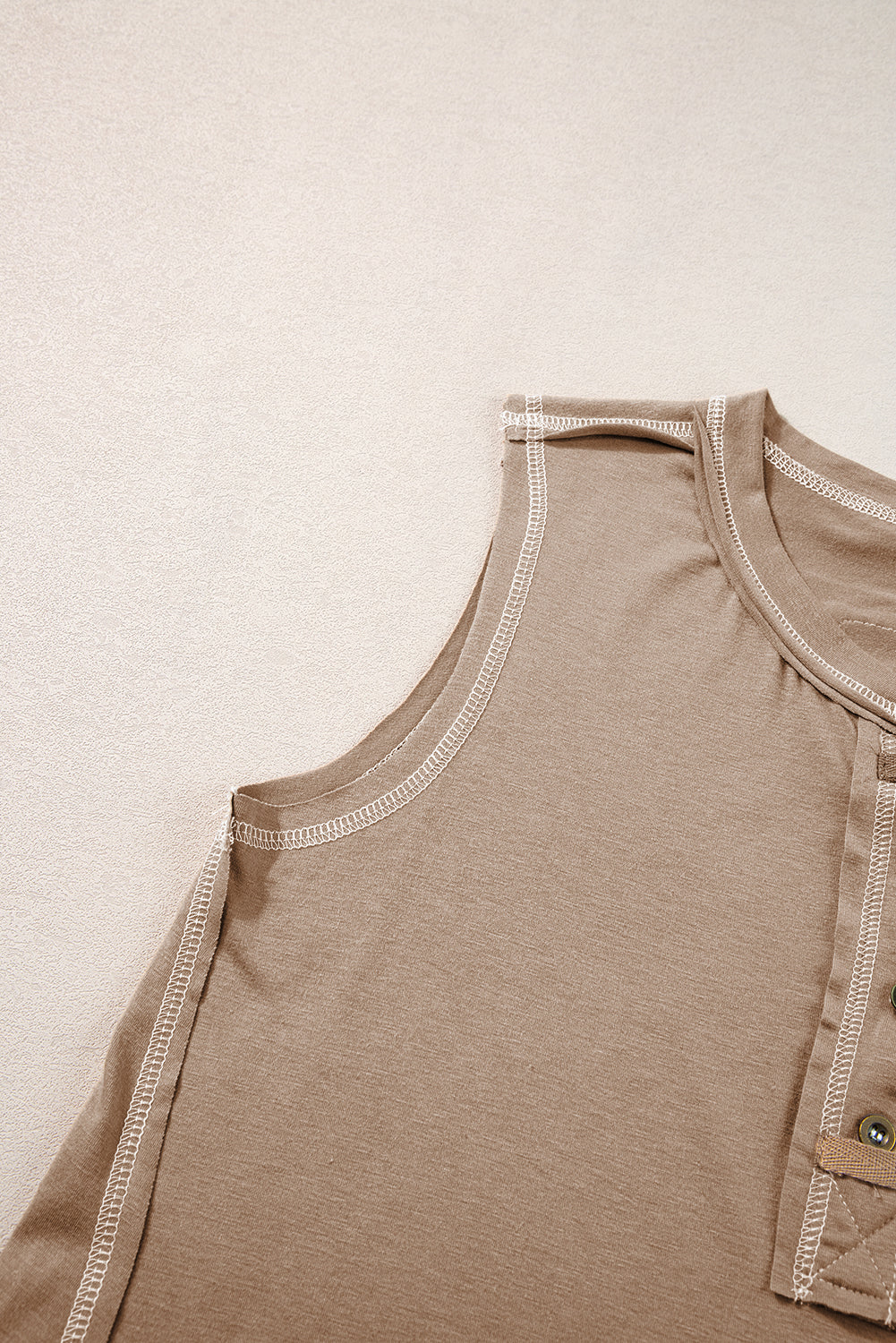 Light French Beige Contrast Stitching Exposed Seam Henley Tank Top