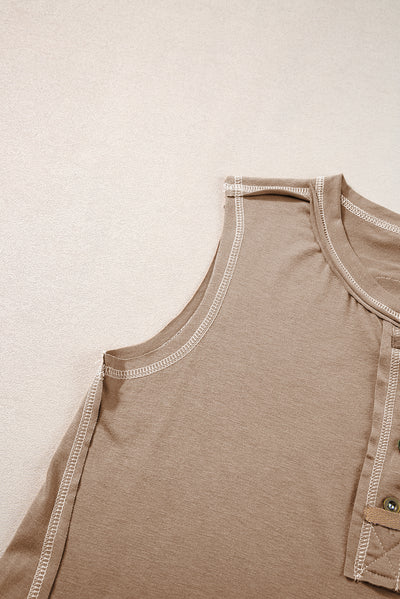 Light French Beige Contrast Stitching Exposed Seam Henley Tank Top