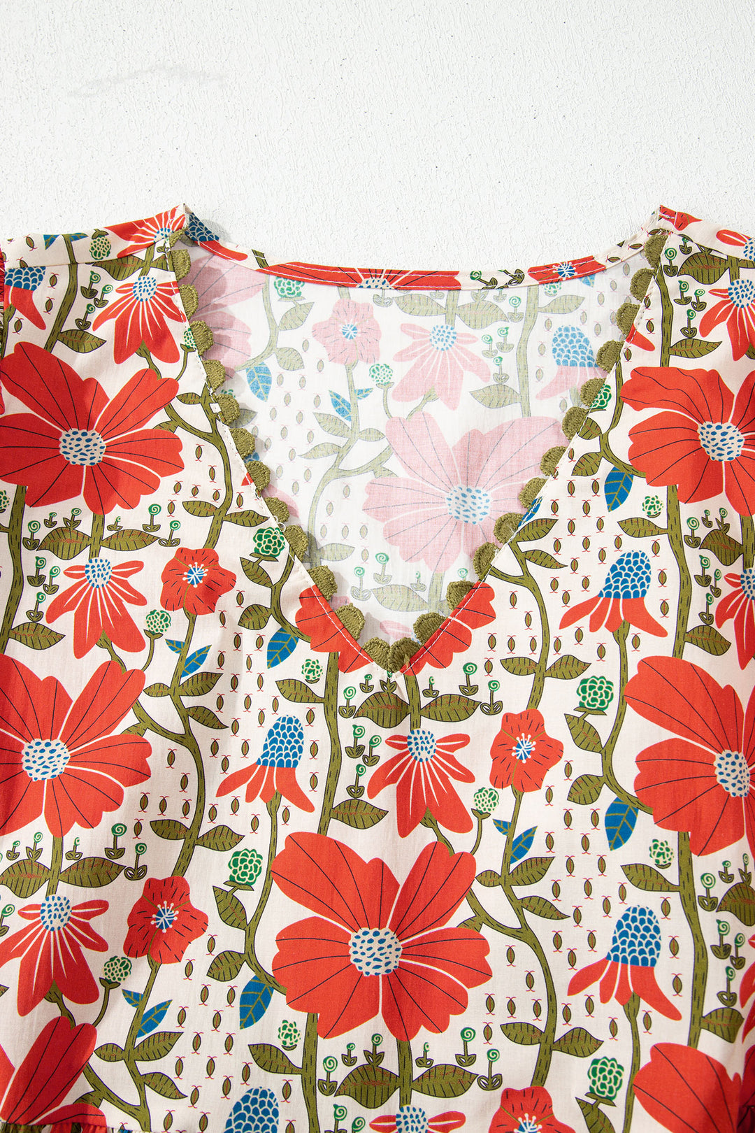 Red Floral Print Ricrac Trim V Neck 3/4 Sleeve Loose Mini Dress