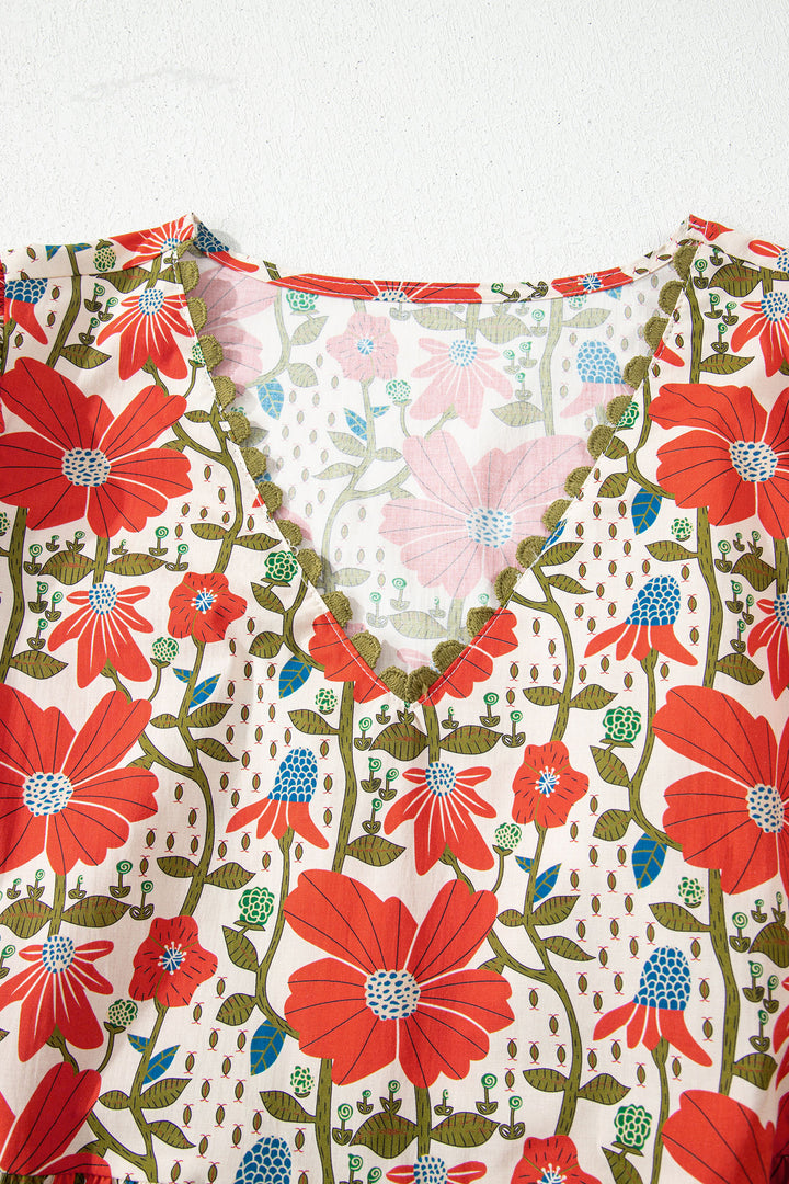 Red Floral Print Ricrac Trim V Neck 3/4 Sleeve Loose Mini Dress