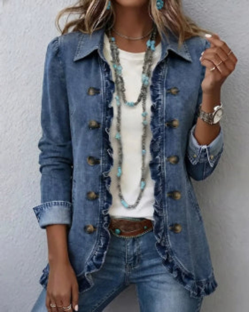 Floral Embroidered Ruffle Trim Double-Breasted Boho Jacket