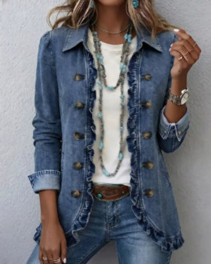 Floral Embroidered Ruffle Trim Double-Breasted Boho Jacket