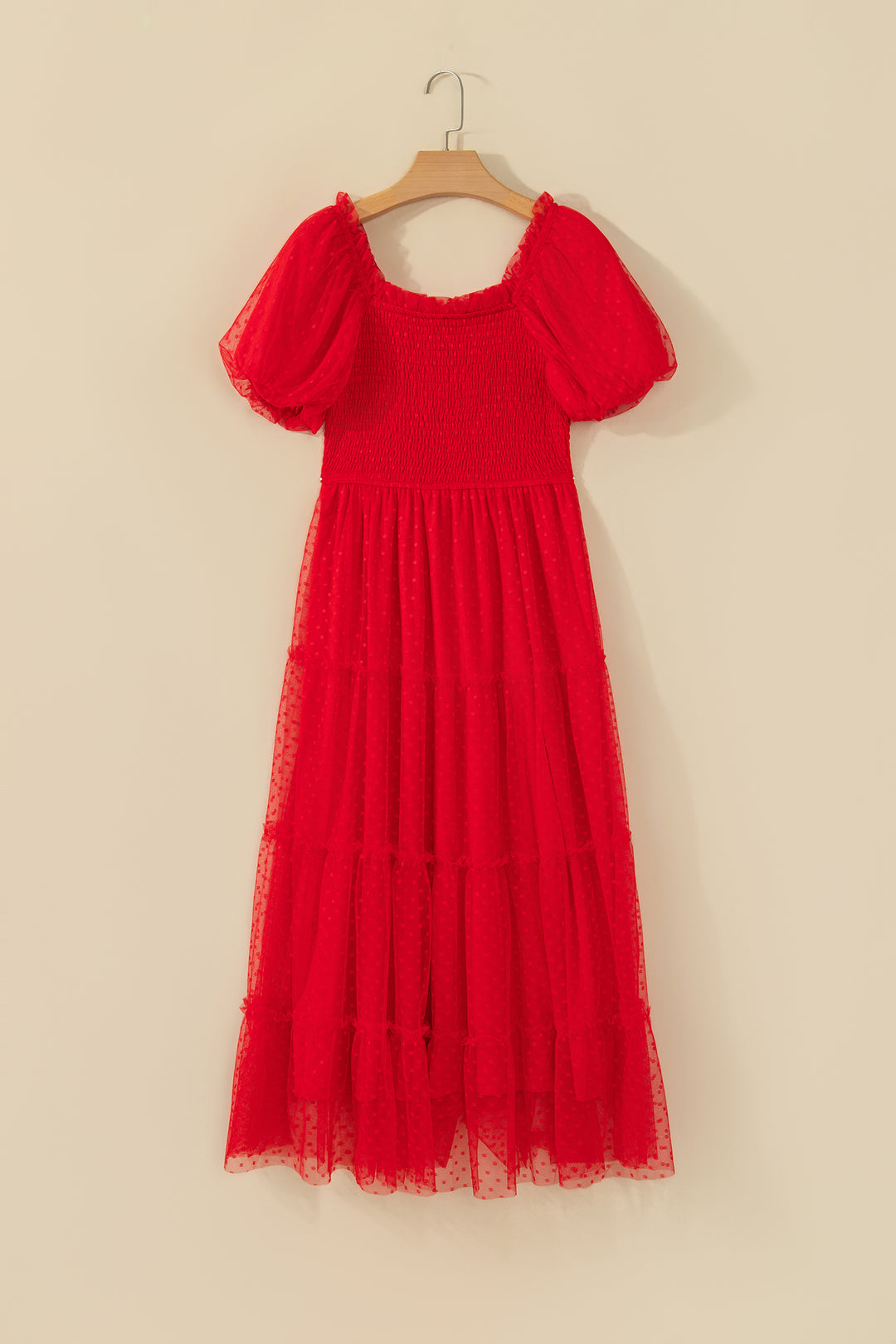 Fiery Red Tiered Tulle Smocked Bodice Puff Sleeve Dress
