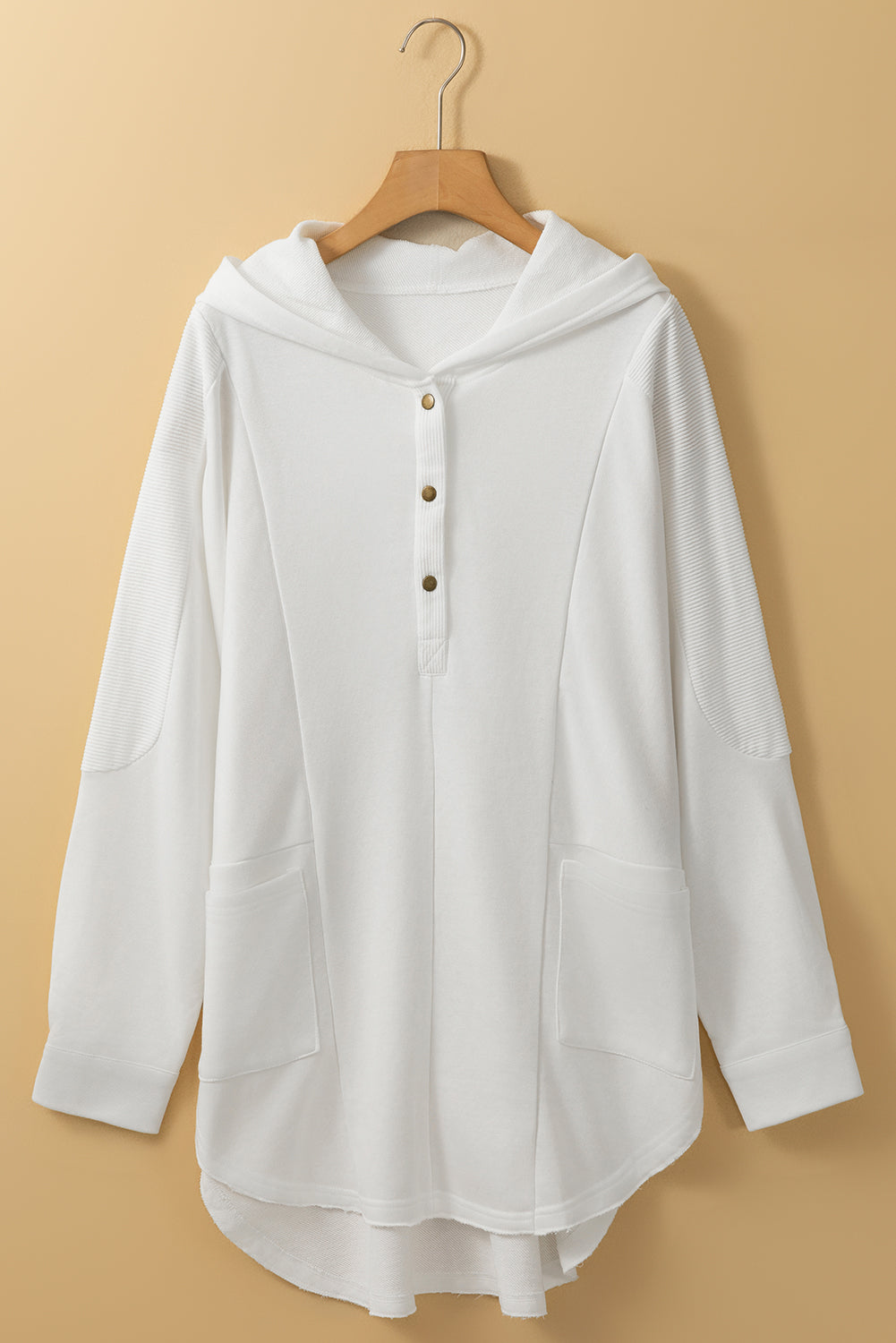 White Patchwork Side Pockets Oversized Henley Hoodie