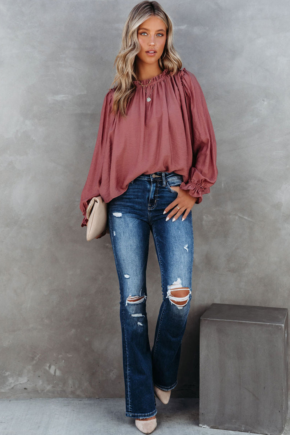 Red Frilled Neck Ruffled Long Sleeve Blouse