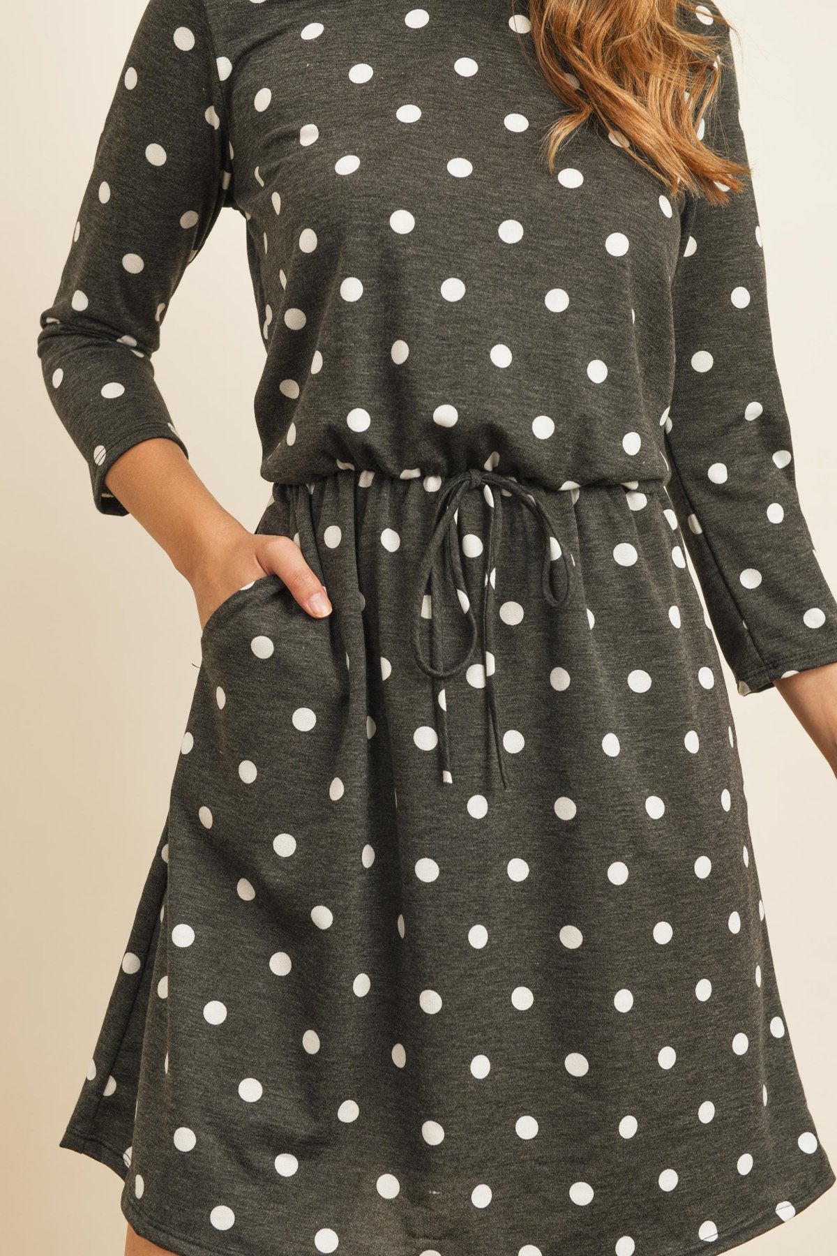 Polka Dot Print French Terry Cinch Waist Tie Front Dress With Pockets