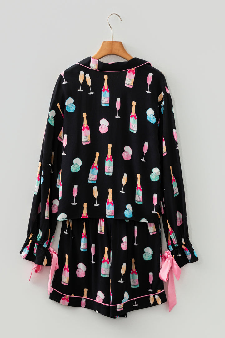 White Christmas Wine Glass Print Bow Knot Two Piece Pajama Set