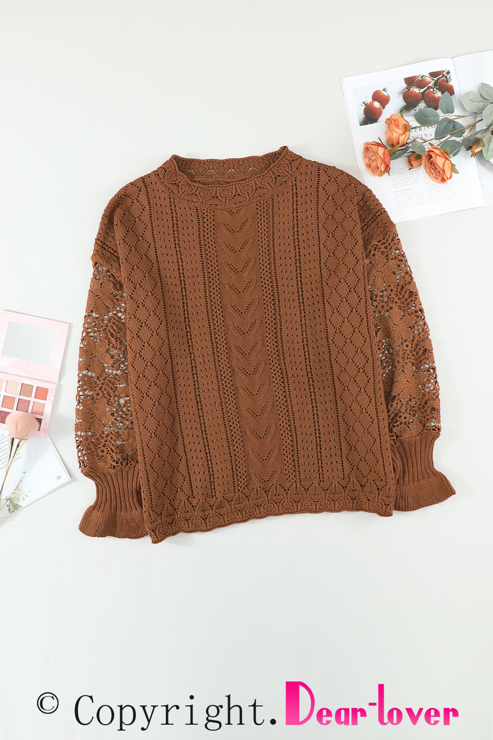 Brown Crochet Lace Pointelle Knit Sweater