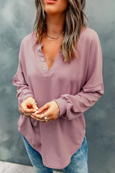 Pink Buttoned V Neck Cotton Loose Fit Top