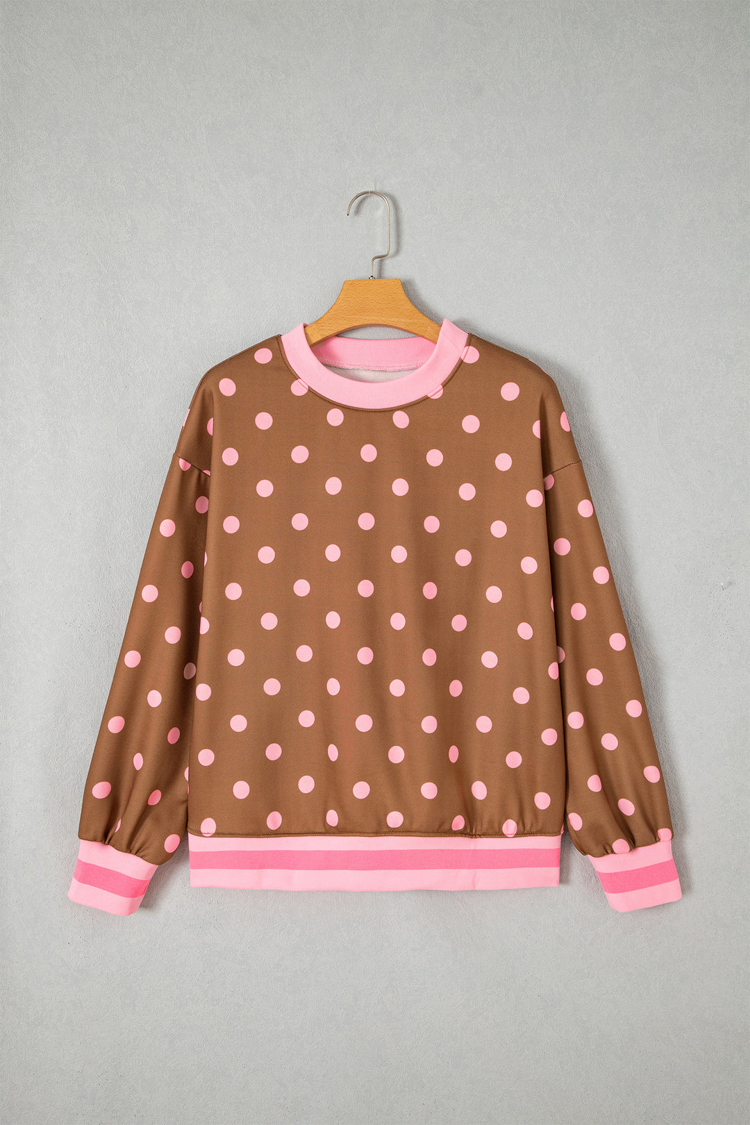 Pink Polka Dot Colorblock Round Neck Pullover Sweatshirt