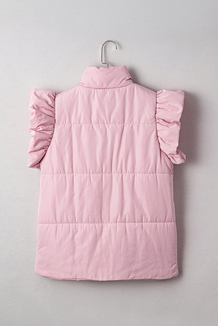 Pink Stand Neck Flutter Sleeve Snap Button Puffer Vest